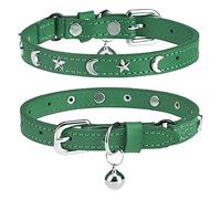 DILLYBUD Leather Cat Collars for Boy Girl Cats with Bell and Safety Elastic Belt, Personalized Star and Moon Stud Adjustable Safe Buckle Collar for Kitty Small Big Cats Size 7-9 Inch, Green