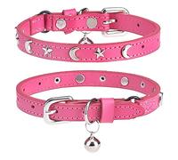 DILLYBUD Leather Cat Collars with Bell and Safety Elastic Belt, Personalized Star and Moon Stud Adjustable Safe Buckle Collar for Kitty Small Big Cats Size 8-12 Inch, Rose