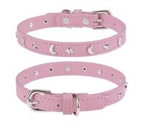 DILLYBUD Leather Dog Collar for Puppy Small Medium Dogs, Adjustable Star and Moon Studded Pet Collars with Rust-Proof Metal Buckle and Charms, XS S Dog Collars for Boy and Girls, Size 12-15" Pink