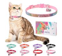 DILLYBUD Rhinestone Cat Collar Breakaway with Bell, Diamond Cat Collar with Safety Buckle Quick Release for Girl Boy Small Kitten Pets Puppy,Cute Soft Female Male Cat Collars, Colorful Pink 8-12"