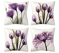 DILOXNSU Cushion Covers 45 x 45 cm Set of 4 Purple Flower Violet Art Modern Throw Pillow Covers 18x18 Inch Home Decorative Linen Square Pillowcases for for Sofa Livingroom Farmhouse