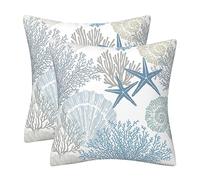 DILOXNSU Cushion Covers 50cm x 50cm Set of 2 Double-Sided Blue Ocean Coastal Beach Seashell Coral Starfish Velvet Modern Decorative Square Pillow Cover for Sofa Bed Livingroom 20x20 Inches