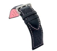 diloy Perforated smooth leather rally racing strap - Colored stitching and lining - Sizes 18mm 20mm 22mm 24mm - Black with red blue yellow orange white - Sporty design 380 Black and Pink 18mm