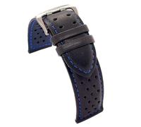 diloy Perforated smooth leather rally racing strap - Colored stitching and lining - Sizes 18mm 20mm 22mm 24mm - Black with red blue yellow orange white - Sporty design 380 Black and Blue 22mm