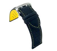 diloy Perforated smooth leather rally racing strap - Colored stitching and lining - Sizes 18mm 20mm 22mm 24mm - Black with red blue yellow orange white - Sporty design 380 Negro y Amarillo - 24mm