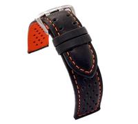 diloy Perforated smooth leather rally racing strap - Colored stitching and lining - Sizes 18mm 20mm 22mm 24mm - Black with red blue yellow orange white - Sporty design 380 Black and Orange 22mm
