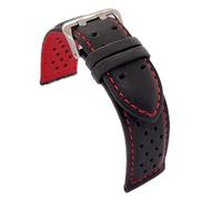 diloy Perforated smooth leather rally racing strap - Colored stitching and lining - Sizes 18mm 20mm 22mm 24mm - Black with red blue yellow orange white - Sporty design 380 Black and Red 20mm