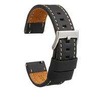 diloy Waxed leather vintage strap XL white stitching - Extra long handmade - For sport or classic watches - Sizes 18mm 20mm 22mm 24mm - For large wrists 384EL Black and White 24mm