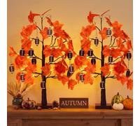 Dilunave 2 Pack LED Fall Maple Tree with 24 Pcs Wooden Football Hanging Ornament 24 Inch Timer Battery Operated Artificial Fall Tree Thanksgiving Football Decoration for Autumn Home Table Season Party