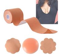 DILUSILK Boob Tape Set for Women, 5m Extra Long Roll Boob tapes with Nipple Covers,Sticky Athletic Tape,12 Pcs Invisible Nipple Covers,Adhesive Bra,Breast Lift & Support for any Occasion Brown
