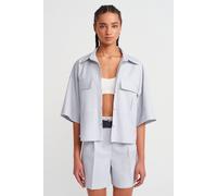 Dilvin Oversized Crop Stripe Crepe Overshirt In Light Blue Light Blue