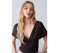 Dilvin Slim Fit V-Neck Back Tie Detail Blouse In Dark Brown Dark Brown