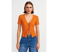 Dilvin Womens Fitted Crop Lace Blouse With Tie Front - Orange