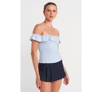 Dilvin Women's Off-Shoulder Ribbed Crop Blouse in Baby Blue | Size: Medium Dilvin Baby Blue M