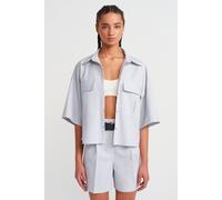 Dilvin Womens Oversized Crop Crepe Overshirt - Light Blue