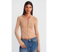 Dilvin Women's Ribbed Cotton-blend Cropped Hooded Blouse in Tan | Size: Small Dilvin Tan S