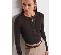 Dilvin Women's Ribbed Crew Neck Button Blouse in Charcoal | Size: Small Dilvin Charcoal S