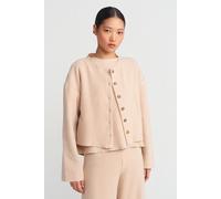 Dilvin Womens Ribbed Crew Neck Button Cardigan - Beige
