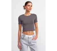 Dilvin Women's Slim Fit Crop Crew Neck T-Shirt in Charcoal | Size: Large Dilvin Charcoal L
