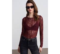 Dilvin Women's Slim Fit Lace Boat Neck Blouse in Burgundy | Size: Large Dilvin Burgundy L
