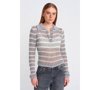 Dilvin Women's Striped Polo Collar Button Knit Sweater in Light Grey Dilvin Light Grey One Size
