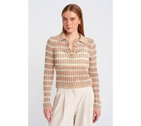 Dilvin Women's Striped Polo Collar Button Knit Sweater in Medium Beige Dilvin Medium Beige One Size