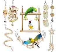 Dilwe 8 Pieces Bird Colorful Chewing Toys Wooden with Bell, for Climbing, Exercise, Play, Chew and Rest, Handmade Wood Bird Cage Accessories Teething Toy