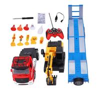Dilwe RC Construction Truck and Excavator Set, Detachable Excavator with Mist Spray and LED Lights, 12-15m Remote Control Range, with Traffic Cones and Road Signs (Red)
