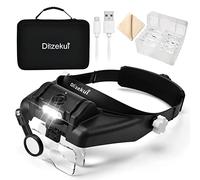 Dilzekui Head Mount Magnifier with LED Light, Rechargeable Black Headband Magnifier, Head-mounted Magnifying Glass with 6 Detachable Lens, Carry Case, Handsfree Magnifying Glasses for Close Work Craft