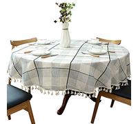 Dimatic Heavy Weight Cotton Linen Tablecloth, Plaid Tassel Round Table Cover for Kitchen Dining Room Tabletop Decorations, Round - 70", Grey Check