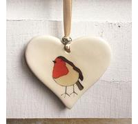 Dimbleby Ceramics Robin Garden Bird Design Heart Shaped Ceramic Decoration Bauble - Handmade in Stoke-on-Trent