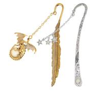 Dimeho 2 Pcs Luminous Bookmark Antique Carved Hook Book Mark Glow in The Dark Moon Stars Dragon Feather Embossed Page Markers Pendant Reading Accessories for Readers Bookworm DIY Crafting
