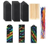 Dimeho 48Pcs Scratch Bookmarks Scratch Paper Art Bookmarks Craft Kits Bookmark Students Party Favors Rainbow DIY Bookmark Hanging Gift Tag with Scratching Tools Ribbon for Classroom 3 Style