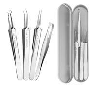 Dimeho 4Pcs Blackhead Remover Tweezers Stainless Steel Ingrown Hair Tweezers Precision Blackhead Pimple Extractor with Metal Case Professional Pimple Tool Kit Curved Black Head Tweezer for Women
