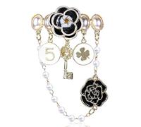 Dimeho Imitation Pearl Dangle Chain Brooch Vintage Lapel Pins and Brooches for Women Four Leaf Clover Brooch Number 5 and Camellia Brooch Pin Elegant Rhinestone Jewelry Gifts for Wedding, Banquet