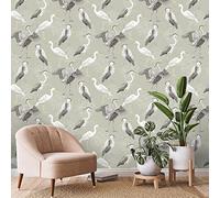 Dimension Heron Wallpaper - Modern Wallpaper for Living Room, Bedroom, Fireplace - Decorative Luxury Nature Wall Paper with Hand-Drawn Herons & Trees (White/Grey/Sage Green)