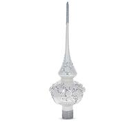 Dimensional White Roses and Pearls on Glossy White Artisan Hand Crafted Mouth Blown Glass Christmas Tree Topper 11 Inches