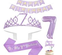 Dimetey 7th Birthday Decorations for Girls, Including Sash, Tiara, Candles, Banner, Cake Toppers, 32inch Digital Balloons, Purple