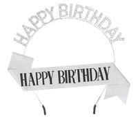 Dimetey Happy Birthday Sash & Tiara Crowns for Women Girl,Rhinestone Princess Headband and Happy Birthday Accessories (Sliver)
