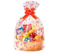 Dimetey Large Cellophane Gift Bags with Pink Bow Pattern, 50x70 cm Clear Wrap for Gift Baskets, 10 Pieces