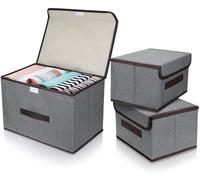 DIMJ 3Pack Fabric Storage Boxes with Lids - Multiple Size Organiser Boxes for Clothes, Bedding, Toys, Collapsible Storage Cubes with Handle, Magic Seal, Cardboard Base, Grey