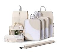 DIMJ Compression Packing Cubes Set, 8 Pack, Travel Organiser for Suitcases with Laundry Toiletry Shoe Drawstring Bag, Beige