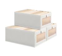 DIMJ Washable Linen Storage Boxes with See-Through Window, Foldable Fabric Containers Bin for Closet, Wardrobe, and Shelf, Breathable and Sturdy, 40×27×17 cm, PP board, Set of 3(Beige)