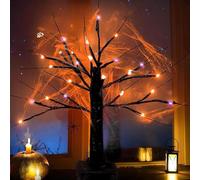 Dimmable 23.6 Inch Halloween Tree Halloween Decorations with 24LED Orange and Purple Lights and Halloween Indoor Tabletop Black Tree with Spider and Scary Web,8 Light Modes,USB/Battery Power