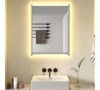 Dimmable 3-Color LED Bathroom Mirror Wall-Mounted Anti-Fog Vanity Mirror with Touch Sensor Stainless Steel Frame Rectangular Design (50x65CM)