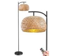 Dimmable Battery Operated Floor Lamp with Remote, Cordless Woven Rattan Standing Lamp for Living Room, Bedroom, Office, Wireless Timer & Boho Bamboo Design