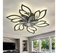 Dimmable Ceiling Fan Light, Smart Reversible LED Flower Chandelier with Remote Control, Modern Quiet DC Ceiling Fan for Living Room & Kitchen - Black