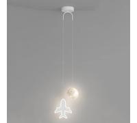Dimmable LED Airplane Hanging Pendant Light for Kids Bedroom with 3D Printed Moon Ball Milk White Fixture