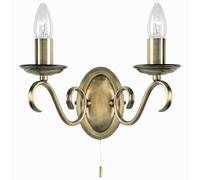 2X 60W E14 | 170mm Over Hang Twin Wall Light | Antique Brass Finish | Classic Vintage Dual Bulb Metal Arm Chandelier Style | Living Room Lounge Bedroom Feature Lighting | LED & Dimmable/Dimming