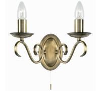 2X 60W E14 | 170mm Over Hang Twin Wall Light | Antique Brass Finish | Classic Vintage Dual Bulb Metal Arm Chandelier Style | Living Room Lounge Bedroom Feature Lighting | LED & Dimmable/Dimming